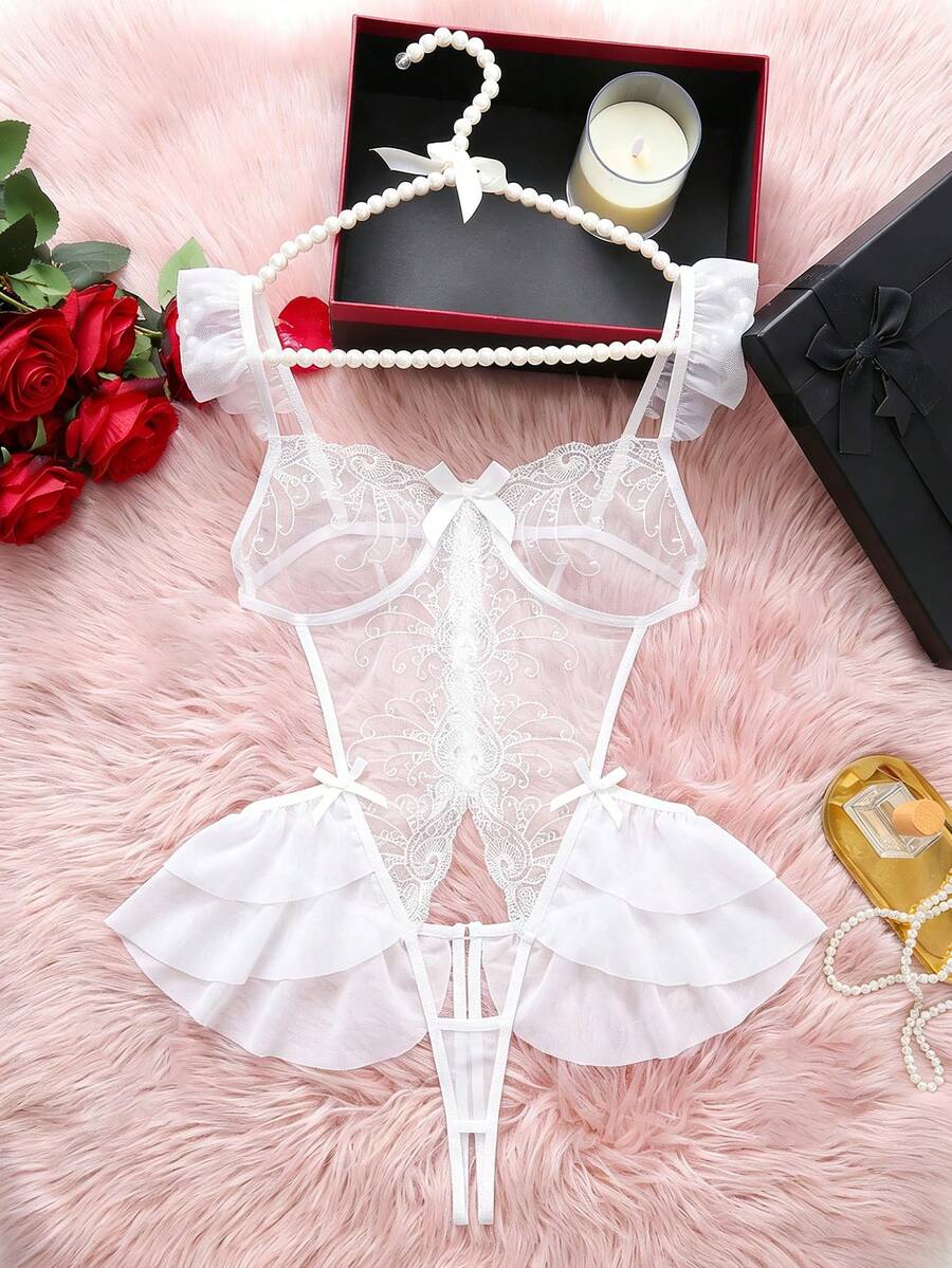 Đồ lót gợi cảm: Bộ jumpsuit ren và lưới trắng phối ren thêu họa tiết hở vai quyến rũ. - trắng - Xem 1