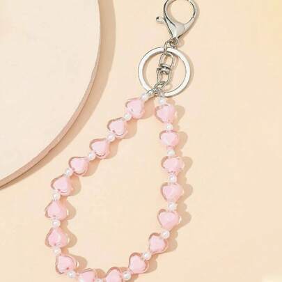 1个女士心形串珠钥匙扣，糖果色透明心形珠子，时尚包包挂饰吊坠