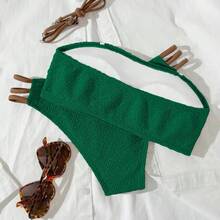 Luxury Jade Green Crinkle Texture Strapless High Waist Tropical Vacation Bikini Set Beach - Green - View 4