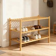 3-Tier Foldable Multifunctional Freestanding Bamboo Shoe Rack, Plant Storage Organizer, Stackable Storage Organizer, Multi-Layer Display Rack, Suitable For Home Living Room, Apartment, School Dormitory Or Supermarket Furniture - Yellow - View 10