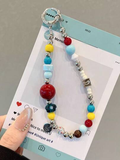 1pc Fashion Clown Colored Pearl Bead Phone Hanging Rope Short Phone Hanging Rope Pendant, Cute And Simple Ins Style Bag Pendant Fashion 100 Anti Loss Phone Hanging Rope Carnival Accessories