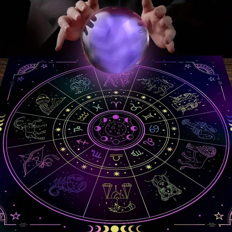 1pc Tarot Tablecloth 12 Zodiac Divination Altar Cloth Chess Board Game Wealth Astrology Oracle Card Mat For Game Room, Dorm Decor, Party Tablecloth - Multicolor - View 1