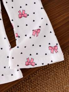 2pcs Baby Girls Cute Bow Heart Print Sleeveless Top + Matching Print Flare Pants Set, Summer - White - View 6
