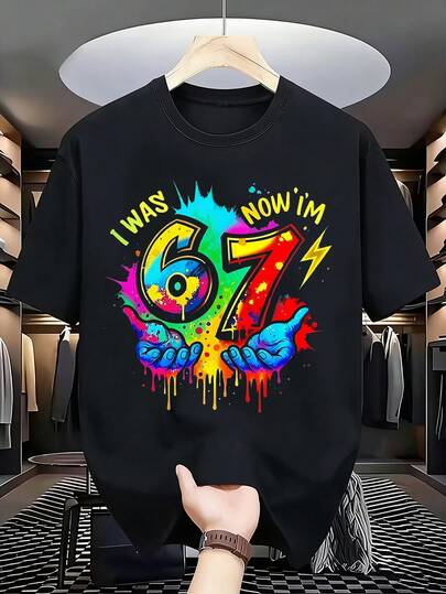 1pc Boys' Graffiti 67 Number Birthday Short Sleeve T-Shirt, Round Neck Printed Casual Streetwear, Suitable For Birthday Party