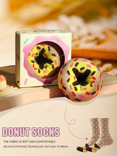 1双多色中筒袜礼品套装，男女通用情侣礼盒，柔软甜甜圈新奇袜子，充满想象力的食物灵感创意设计，舒适百搭，适合生日、情人节、复活节、斋月、约会、家庭聚会、派对、节日等场合，独特时尚休闲装。