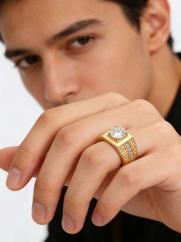 1pc Vintage Style Zirconia Ring, Fashionable Men's Jewelry, Cross-Border Domineering Wedding Band, Birthday Gift