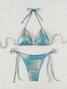 European And American Women's Fashion Shiny Snakeskin Strap Backless Bikini Set - 混合色 - 查看 4