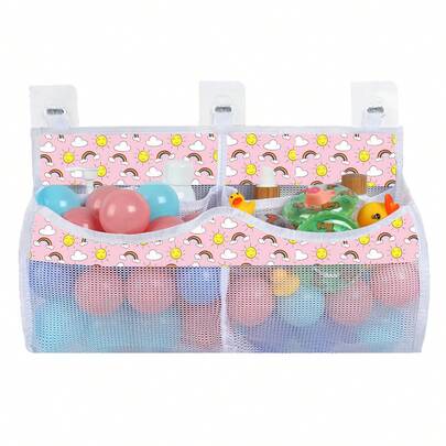 2 compartimentos Estante de almacenamiento horizontal para juguetes de baño, con soporte de pie y bolsillo lateral para productos de baño, malla de fácil acceso, almacenamiento y orden de juguetes y juegos de ducha