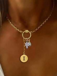 1件金色字母项链，银叶钻石吊坠链，时尚优雅多吊坠项链，独特奢华女士项链 - 金黃色 - 查看 20