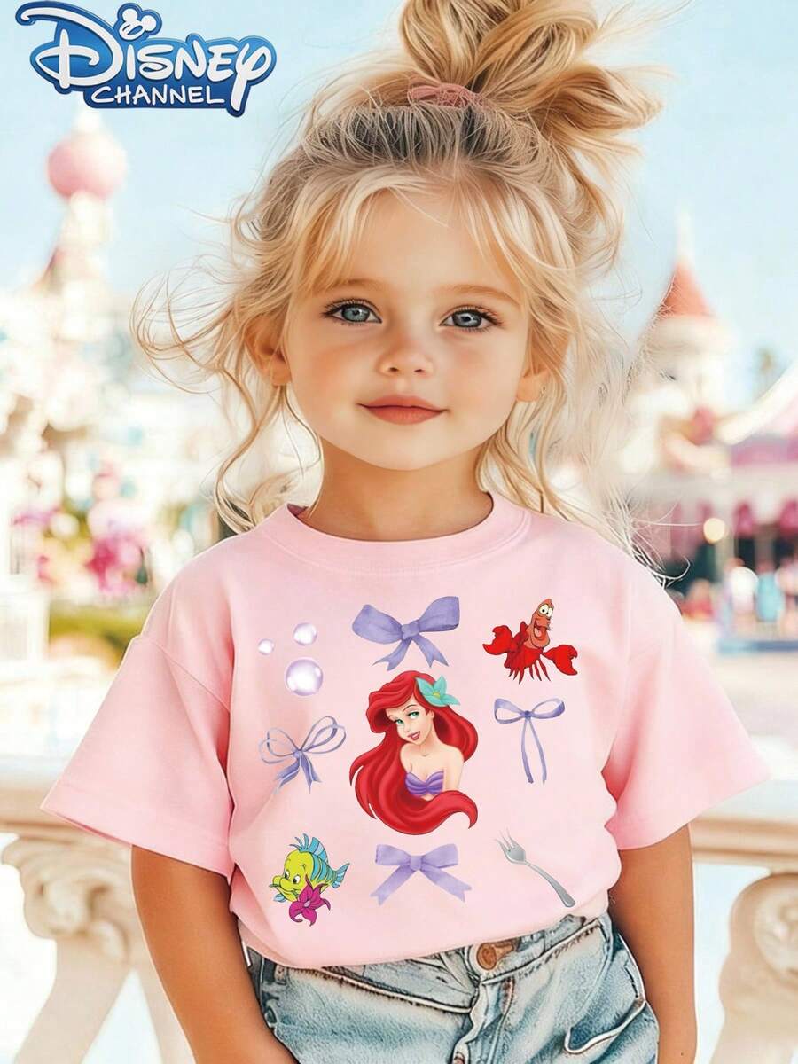 Ariel And Friends One Cute Disney Fresh And Fashionable Round Neck T Shirt For Girls Made Of 100 Cotton Is An Ideal Choice For Daily Wear Vacation Leisure Outdoor Exploration School Life And Shopping Trips It Is A Must Have Item For Summer It Is Also An Excellent Gift For The Same Boy And Girl Every Child Deserves One - Pink - View 1