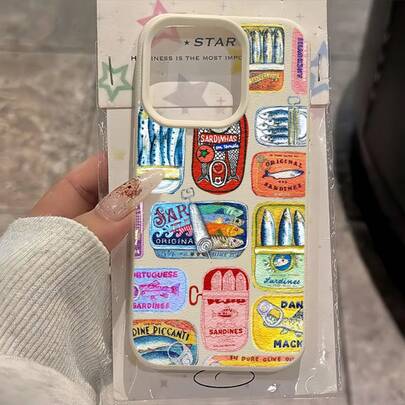 1个白色荔枝纹理沙丁鱼罐头UV印刷手机壳，兼容 XR、11至17（包括Pro Max和Plus机型）及其他系列，时尚保护壳，适合时尚爱好者、音乐爱好者，是男女皆宜的生日礼物和情人节礼物。