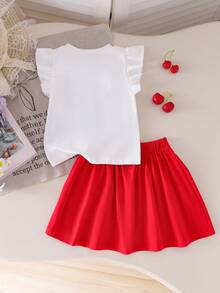 2pcs/Set Young Girl Cute Sweet White Cap Sleeve T-Shirt + Red Skirt Outfit, Summer Holiday Style - Red - View 3