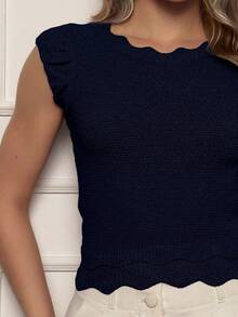 ONLYONE - Modal Cropped Blouse With Japanese Sleeves And Wave Detail At The Hem - Women's Blouses, Knit Blouses - Navy Blue - View 5