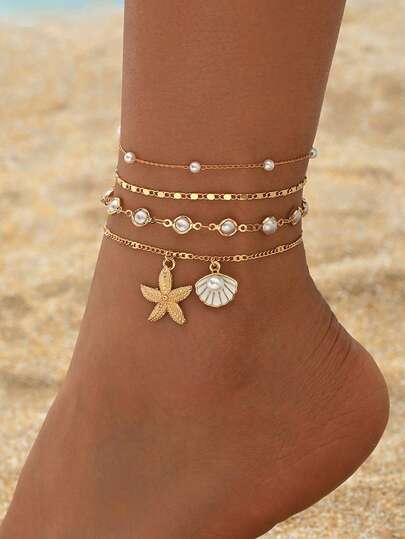 4pcs/Set Minimalist Versatile Faux Pearl Handmade Chain, Gold Tone Simple Chain Anklet With Starfish & Shell Pendant, Multilayer Wear For Women, Suitable For Daily Outfit, Photo Shoot, Date, Vacation. Chain Length Customizable