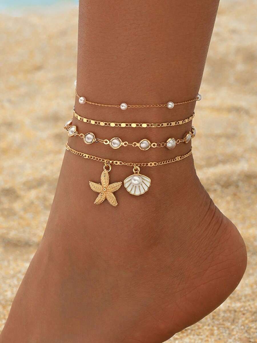 Set de 4 piezas Cadena minimalista y versátil de perlas falsas, tono dorado Cadena simple de tobillera con colgante de estrella de mar y concha, uso multicapa para mujer, adecuado para atuendo diario, sesión de fotos, cita, vacaciones. Longitud de la cadena personalizable - Multicolor - Ver 1