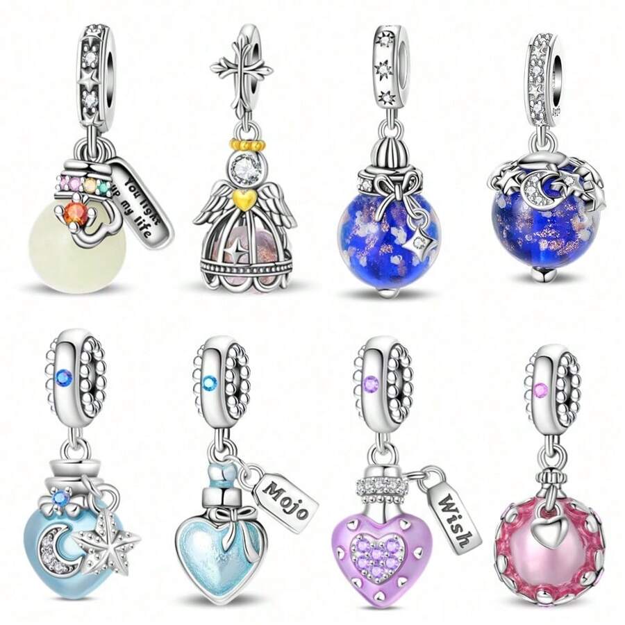 1个镀银珠吊坠，发光爱心吊坠，甜梦天使吊坠，蓝色发光许愿瓶吊坠，星月夜光吊坠，海洋漂流瓶吊坠，魔法许愿瓶吊坠，花球许愿瓶吊坠，紫色许愿瓶吊坠，适合女士手链项链DIY饰品制作，约会礼物，甜美风格女士饰品 - 彩色 - 查看 1