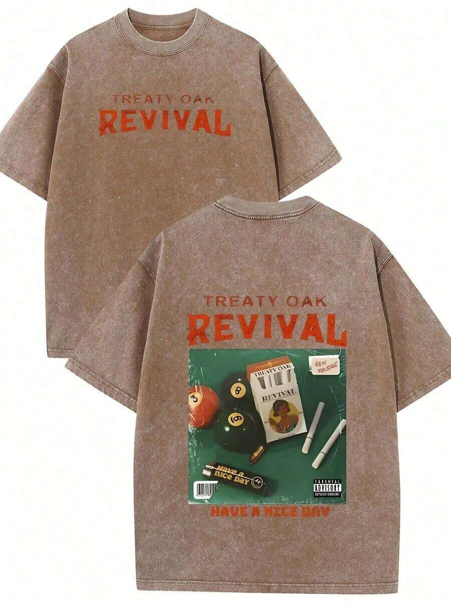 [100% Cotton] 1 230g Heavyweight T-Shirt-Double-Sided Vintage Street-Style Print With Treaty Oak Revival Graphic, Regular Round Neck, Machine Washable All-Season Casual Top, Cozy Spring & Summer & Fall & Winter Styles Short Sleeve Tops - Unisex Women's & Men's Campus Daily Wear - 棕色 - 查看 1