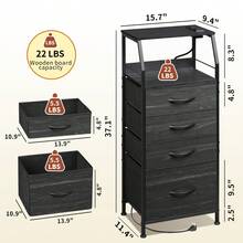 Tall 4-Drawer Bedside Table With Charging Station & LED Light, Fabric Storage Bins, Open Wood Shelf Modern Nightstand,Black - 查看 3