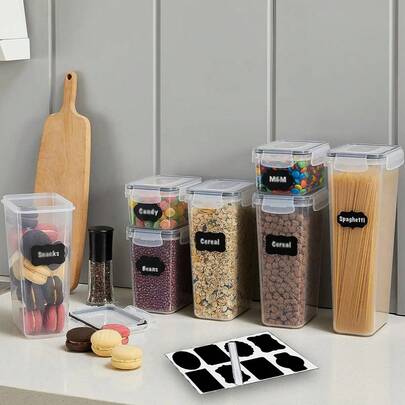6/7/10pcs Sealed Food Storage Container With Lid, Food Pasta Container Sealed Jar, For Grains, Dry Food, Flour, And Sugar, Plastic Kitchen And Pantry Organization Jar, Including Labels, Pen, Kitchen Accessories.
