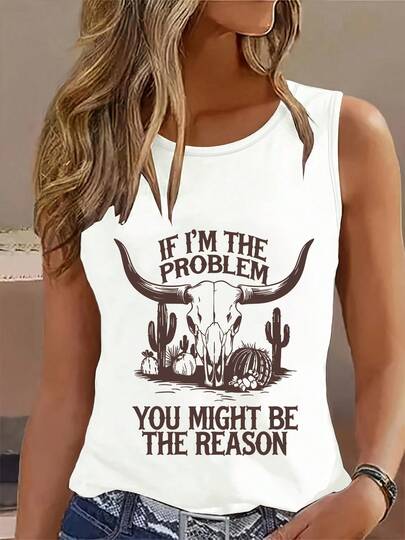 Western Cowboy Bull Graphic Tank Top, Casual Sleeveless Summer Tops For Women, Summer Outfit, Vacation Outfit, Beach Outfit For Women, Plus Size Round Neck Vest