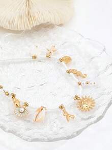 1pc Handmade Beaded Necklace With Seed Beads, Enamel Sun Shell, Asymmetrical Sea Shell, Pearl Pendant, Boho Beach Style - Gold - View 4