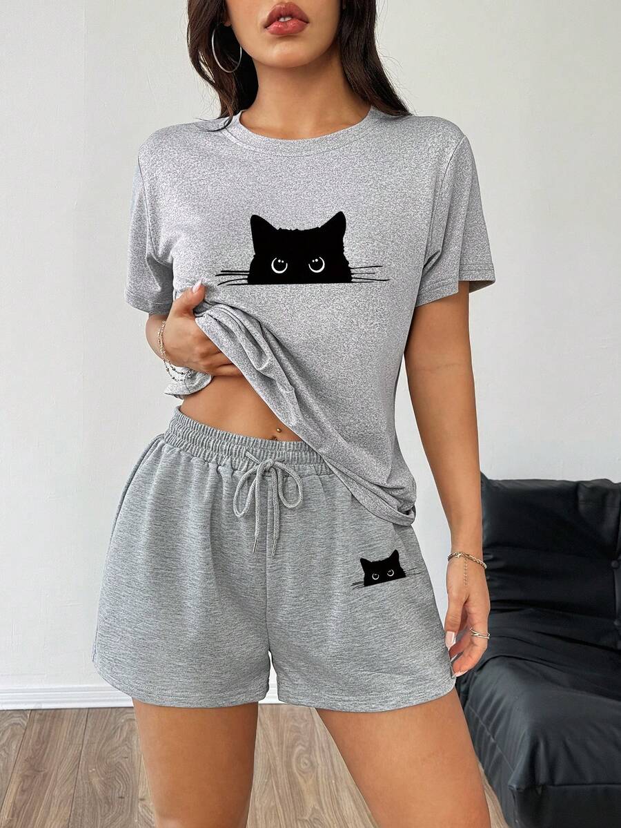 女士休闲T恤，简约图案设计，修身剪裁，短袖上衣 - 淺灰色 - 查看 1