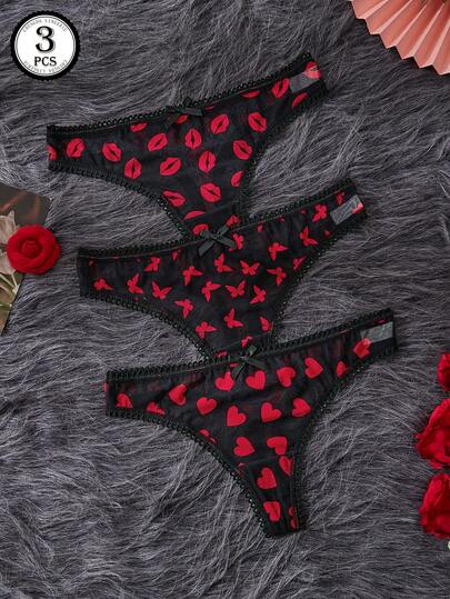 3pcs Women's Everyday Low-Rise Panties, Assorted Sexy & Cute Prints, Contrast Color Design, Women's Black Thong