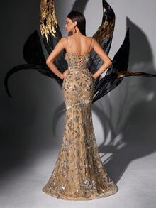 Women's Elegant Sleeveless Backless Mermaid Long Dress, With Sequin Embroidery And Contrast Mesh Design, Suitable For Evening Gala Spring - Champagne - View 3