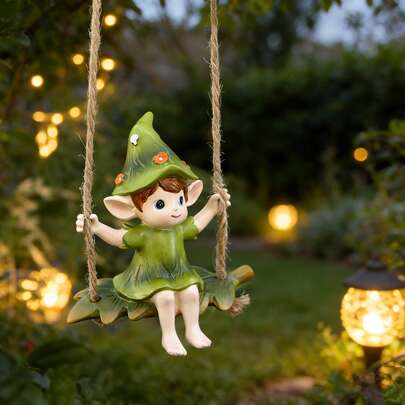 1pc Green Elf Swing Hanging Decor, Resin Handcraft Ornament, Spring Garden Tree Hanging Decoration, Resin Statue Figurine, Holiday Decor, Halloween Decoration