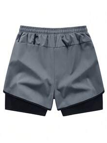 2-In-1 Men's Printed & Solid Color Quick-Dry Shorts, Breathable Stretchy Fabric Suitable For Basketball, Fitness And Outdoor Sports - Light Grey - View 5