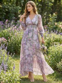 优雅女士长款碎花A字连衣裙，V领荷叶边下摆，喇叭袖，适合春夏度假等场合。 - 彩色 - 查看 5