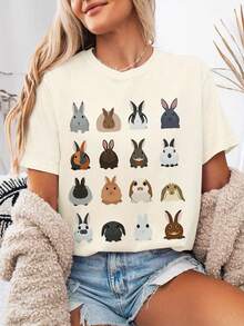 Camiseta de manga corta con cuello redondo y estampado de colección de conejos en estilo minimalista de Pascua - Albaricoque - Ver 7