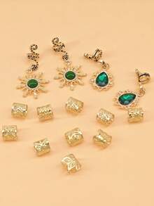 14pcs Baroque Style Sun Pattern Rhinestone Teardrop Hair Clips & Rings, Suitable For Women & Girls, Music Festival (Gift) - Gold - View 3