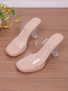 Transparent Strap Sandals, Sexy Crystal Chunky Heel High Heels Slides For Summer - Apricot - View 2