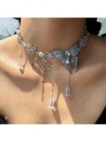 1 chiếc vòng cổ thời trang phong cách Punk Retro độc đáo hình bướm màu xanh dương đính ngọc trai và tua rua, trang sức đeo hàng ngày cho nữ. - Nhiều màu - Xem 6