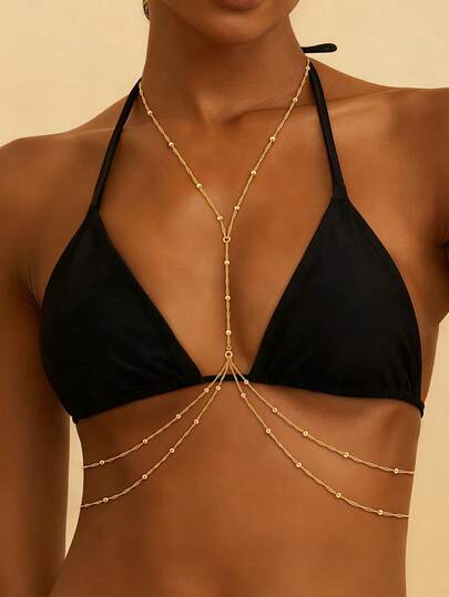 HOTNICE Cadena de cuentas redondas con ondas de agua para mujer, accesorio sexy de un solo Body, correa de cintura con capas cruzada para bikini, accesorio de joyería para el pecho y la cintura, estilo de vacaciones de playa de verano