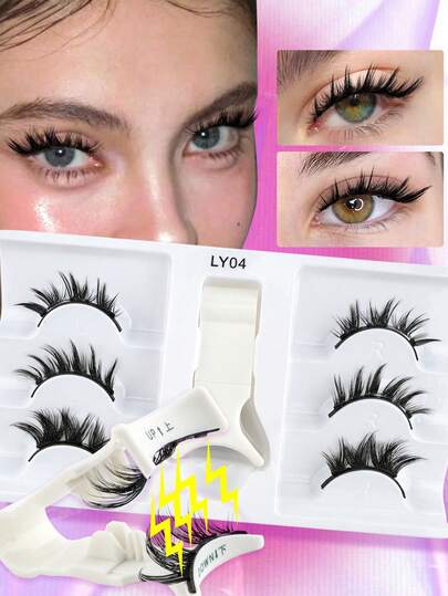 3 cặp mi giả từ tính + 1 kẹp, mi giả từ tính hình mắt hoạt hình 3D không cần keo, nối mi thủ công, phù hợp cho trang điểm cá nhân.