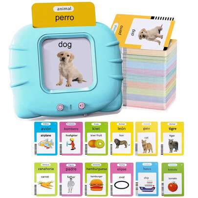 Tarjetas didácticas bilingües español-inglés, juguetes educativos para preescolar, entrenamiento de pronunciación y aprendizaje de idiomas, juguetes de entrenamiento de idiomas, juguetes educativos Montessori, aprende 224 palabras comunes básicas con efectos de sonido, temas de la vida - Familia, Animales, Transporte, Artículos del hogar, Comida, Frutas y Verduras, Naturaleza, Colores, Formas, Regalo de cumpleaños, Tarjetas didácticas bilingües español-inglés