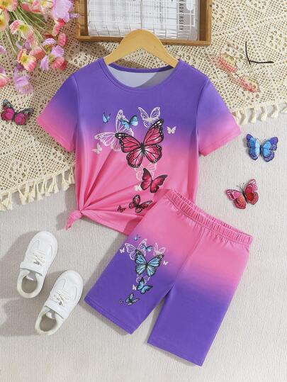 Bộ 2 món cho bé gái tuổi teen: Áo thun tay ngắn dáng rộng in hình bướm ombre + Quần short bó sát dài đến đầu gối in hình bướm trơn, trang phục thường ngày mùa hè.