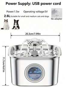 2.6L/88oz Stainless Steel Super Quiet Pet Water Dispenser With USB Power, Automatic Circulation Flow And Clear Water Level Window, Suitable For Cats And Dogs - Multicolor - View 11