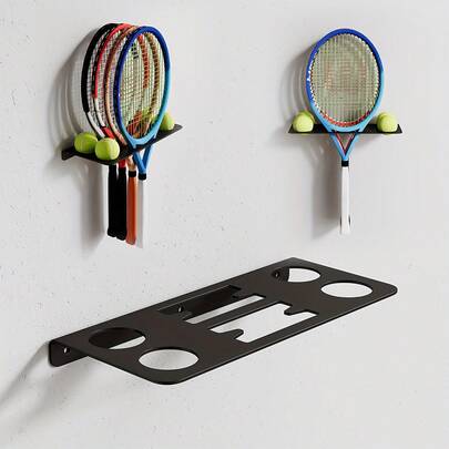 1pc Black Steel Wall-Mounted Storage Rack, Sports Ball & Tennis Racket Display Shelf, Parallel Placement Iron Tennis Racket Storage Rack With Hardware