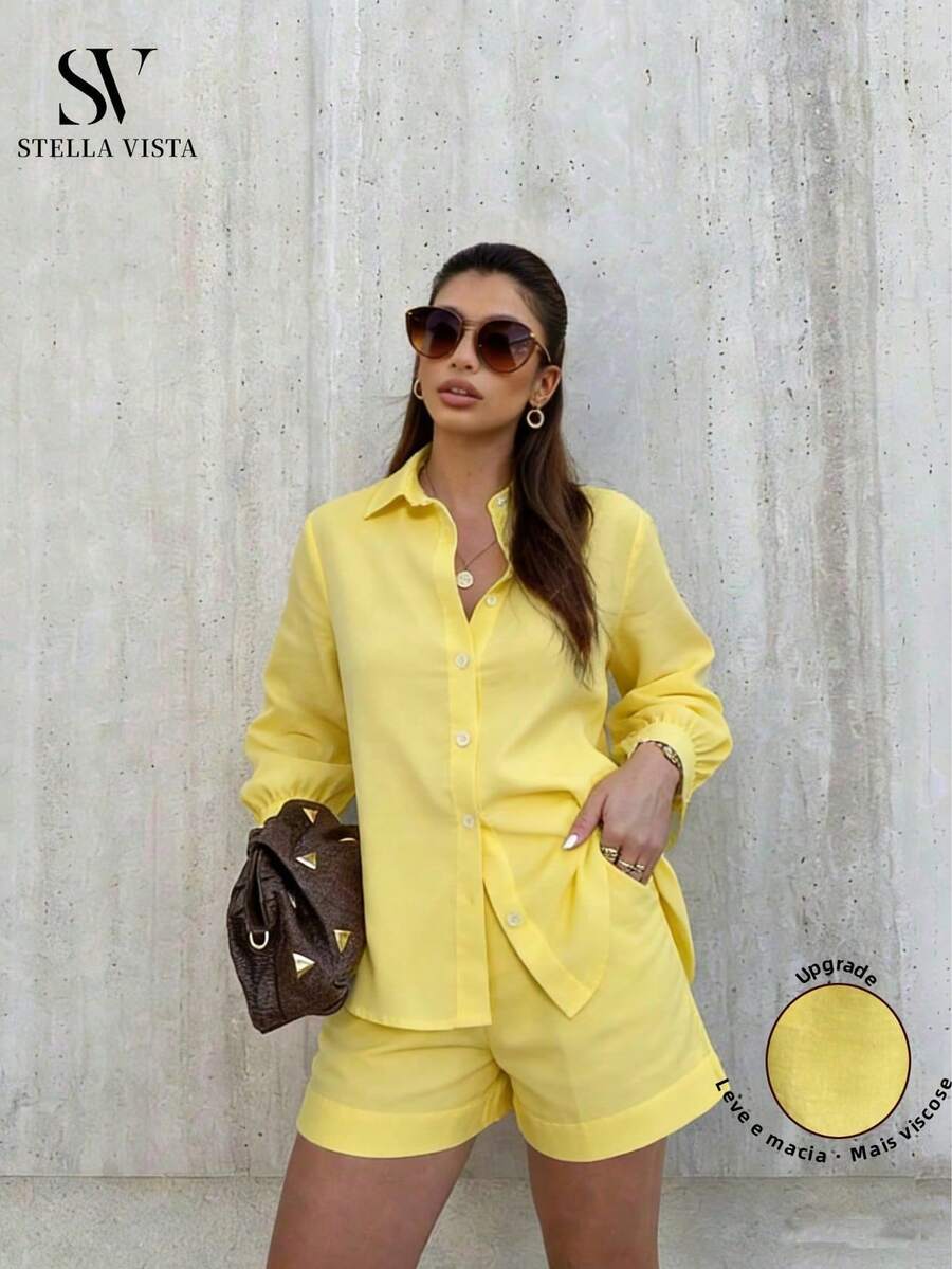 SV Upgrade. Women's Linen Set With Basic Blouse And Casual Shorts - Summer. - New Yellow - View 1