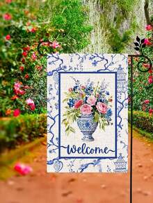 1pc Chinoiserie Garden Flag - 12x18 Inch Blue And White Spring Decor With Watercolor Pink Peonies, Butterfly, And Floral Design, Perfect For Easter, Summer, And Outdoor Holiday Decorations, No Flagpole Included, Outdoor Flag|Elegant Script Welcome Flag|Durable Linen Fabric - 12英寸x18英寸 - 查看 8