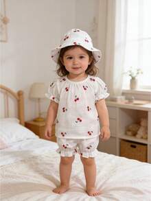 Baby Girls' Fashion Casual Cute Set: Cherry Print Drawstring Short Sleeve Top + Cherry Print Cuffed Shorts + Cherry Print Fashion Hat - White - View 1