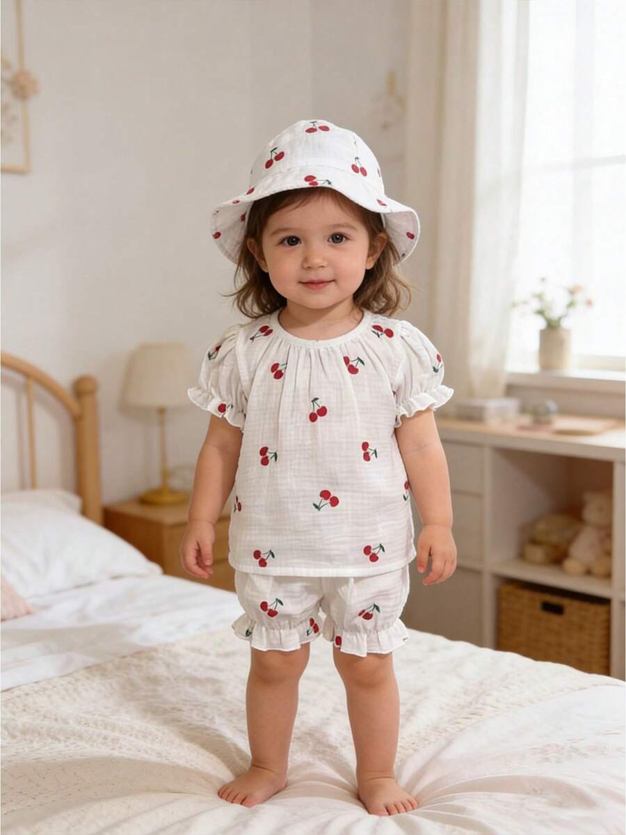 Baby Girls' Fashion Casual Cute Set: Cherry Print Drawstring Short Sleeve Top + Cherry Print Cuffed Shorts + Cherry Print Fashion Hat - White - View 1