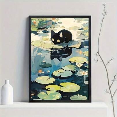 1pc 2D Flat, Cartoon Black Cat Drinking Water Canvas Art Print Poster Wall Decor, Modern Cat Wall Art For Bedroom, Office, Living Room