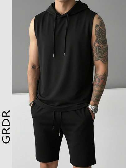 GRDR Men's Summer Solid Color Hooded Tank Top And Shorts 2 Pieces Set, Comfortable Sports Outfit