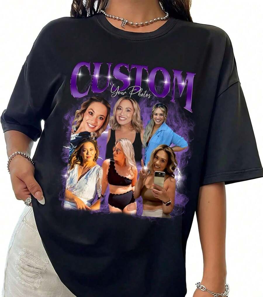 Custom Bootleg Rap Tee Shirts, Personalized Your Photos Vintage Shirt, Custom Girlfriend Tee For Valentines Day. For Women,Valentine Outfits For Women,Tops De Mujer, Vacation Outfits Women, Clothes Women,Vintage Summer Outfits For Women, Track Suit For Her. A Perfect Valentine's Day Gift For Your Loved One! - 黑色4 - 查看 1