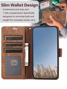 PU Leather Basic Anti-Drop Phone Case With Credit Card Slot, Flip Wallet Style Phone Case - màu nâu - Xem 3