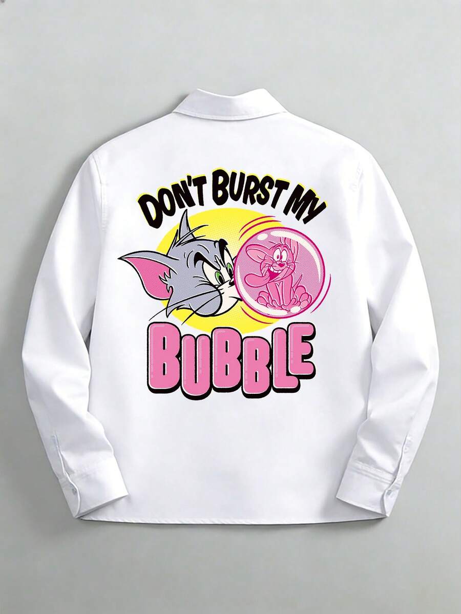 OBM Men X TOM & JERRY 男士宽松休闲长袖衬衫，饰有简约的汤姆和杰瑞图案印花，适合秋夏季穿着 - 白色 - 查看 1